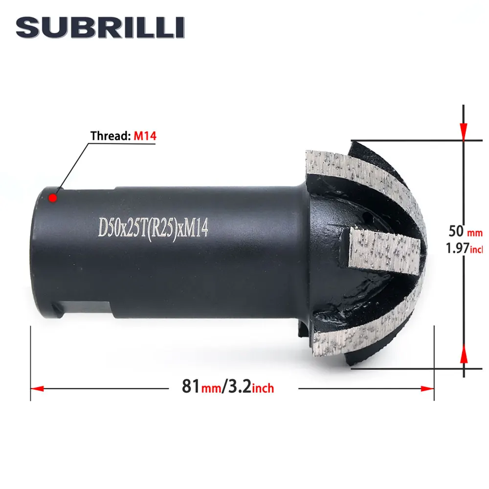 SUBRILLI D50mm M14 thread Diamond Segmented Ball Head Mill Bits Grinding wheel for Stone Granite Quartz Concrete Tool 1piece