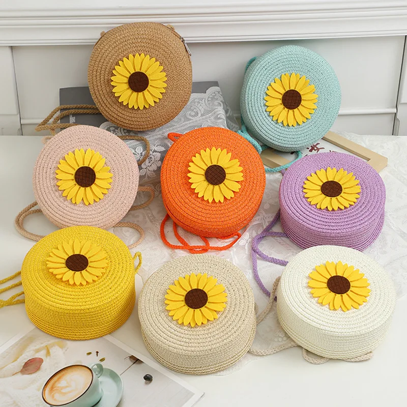 Seaside Women's Flower Straw Shoulder Bag Sunflower Beach Woven Crossbody Bags Cute Girl's Round Small Handbags Phone Purse