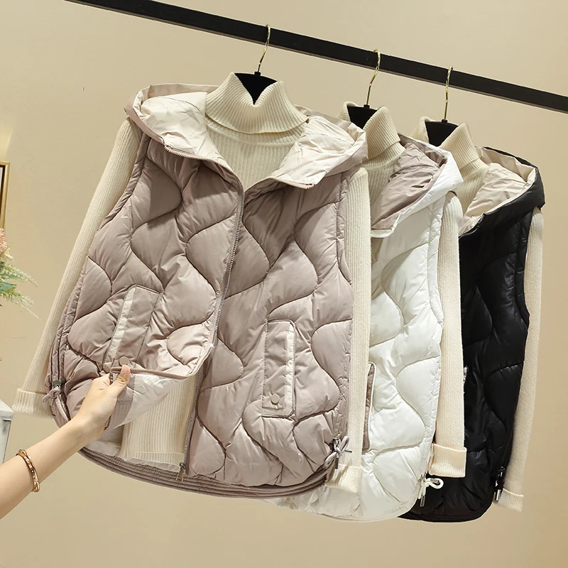 Damska kamizelka puchowa z bawełny, nowy design na jesień i zimę 2025, modny fason z małym, błyszczącym wykończeniem, z kapturem, hit tego roku...