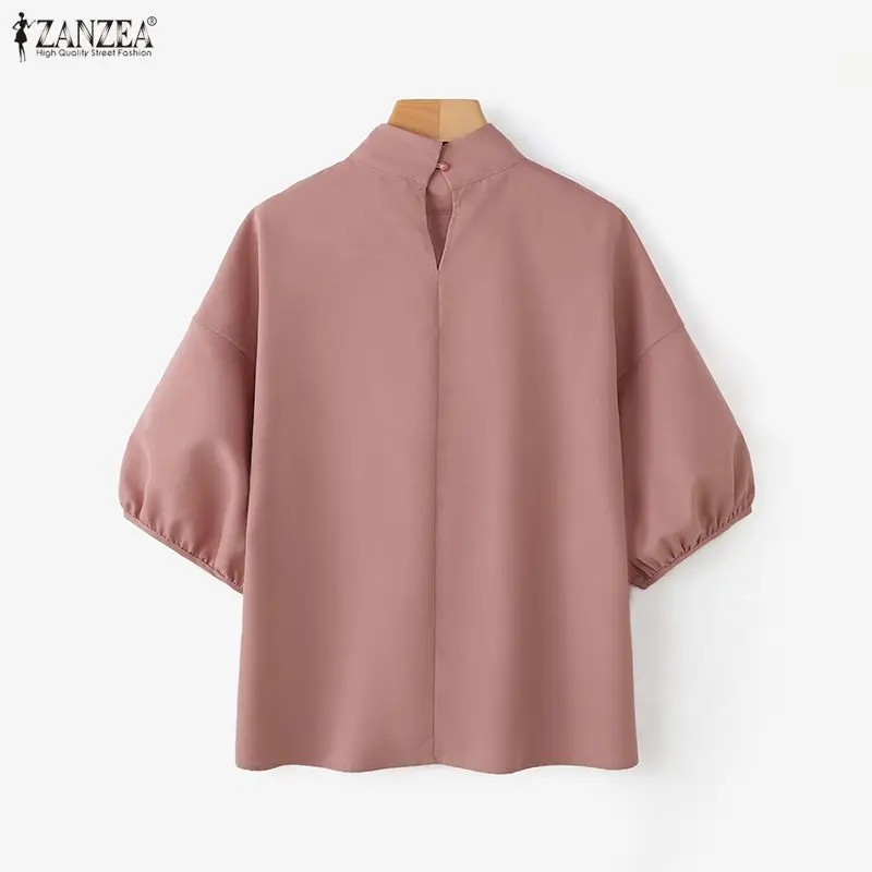 ZANZEA Damesmode Blouse Zomer Stand Kraag Half Lantaarn Mouw Casual Geplooide Tops Losse Shirts Elegant Office Lady Blusas