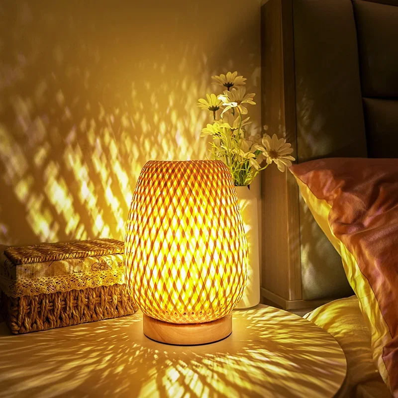 Wabi Sansan Bamboo Table Lamp Bedside Lamp Bedroom Nordic Bamboo Weaving Lamp Night Lamp Homestay Vintage Small Table Lamp Style