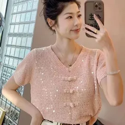 Chic Pink Knit Coat Short Sleeve T-shirt Women Summer Crop Tops Shiny Sequins Knit Sweater Soft High-end Outerwear V-neck