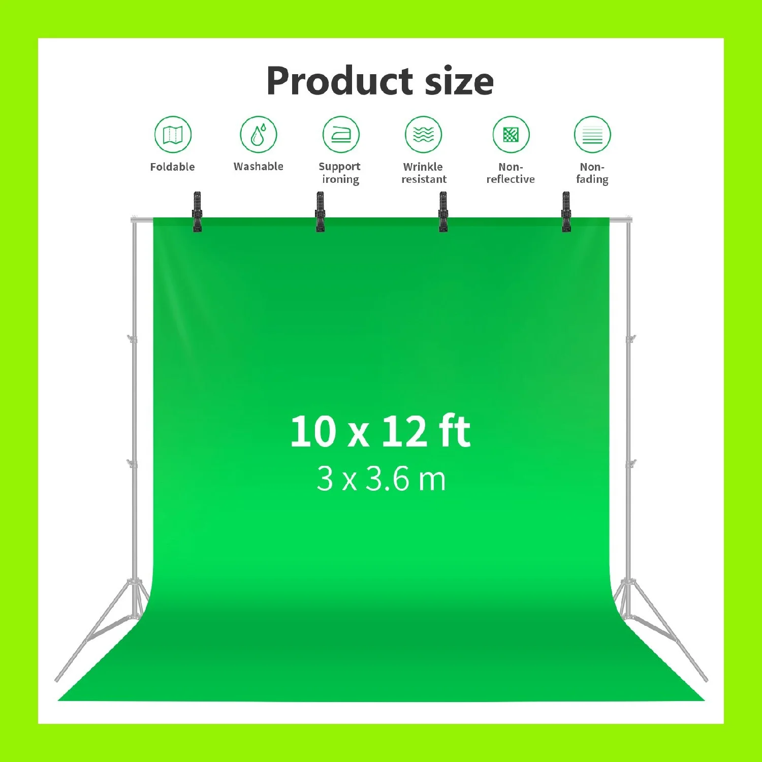 Neewer 10x12ft/3x3.6M Green Chromakey Fiber Backdrop Background Screen for Photo Video Studio with 4 PCS Backdrop Clamps