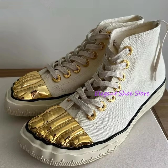 Gold Five Fingers High Top Canvas Shoes Trendy Lace-Up Flat Sneakers Metal Decor Unique Design Couple Casual Shoes Plus Size