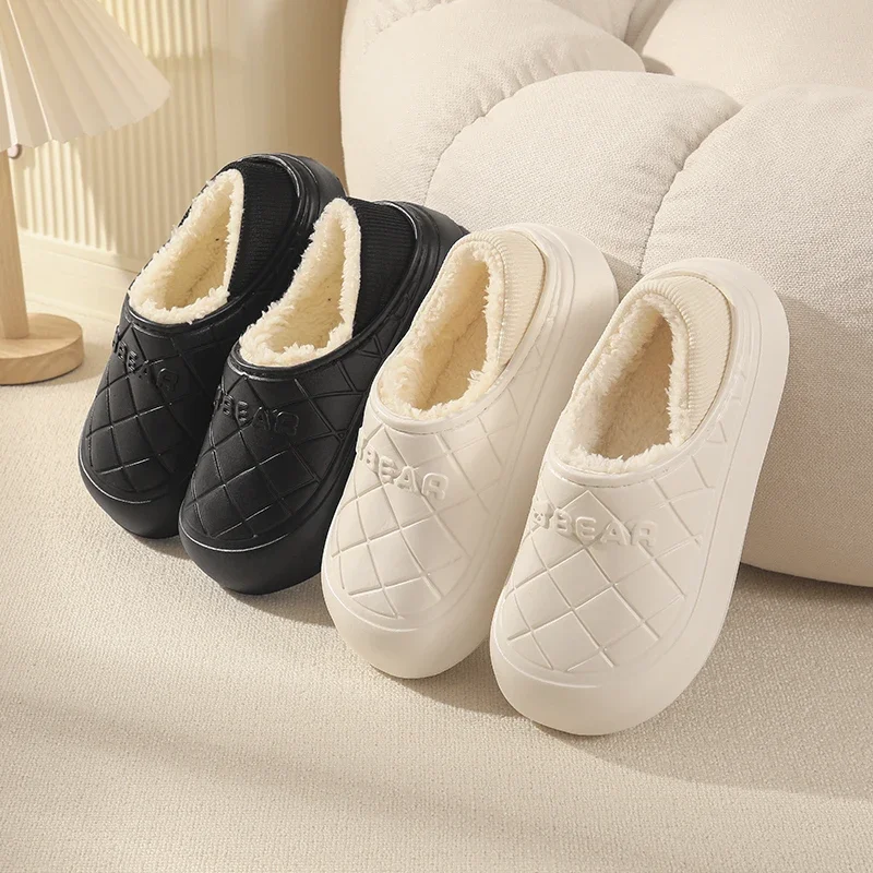 Winter Waterproof Plush Lined Cotton Slippers Cute Bear Quilted Soft Platform Home Shoes Thermal Garden Clogs Men Women 36-45