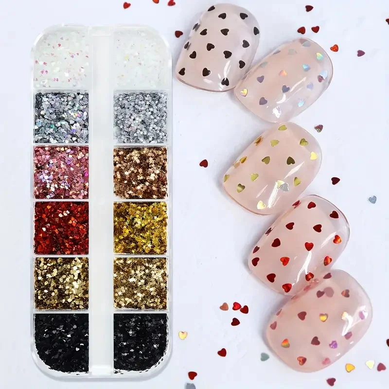 

12 Grids Glitter Five-pointed Stars Nail Flakes Y2K Mini Laser Star Heart Nail Sequins Epoxy Resin Mold Fillers Manicure Decor *