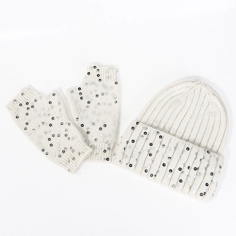 Hat Gloves Set Women Winter Beanie Angora Knit Sequins Warm Soft Skiing Accessory For Autumn Cold Weather Outdoors Sports