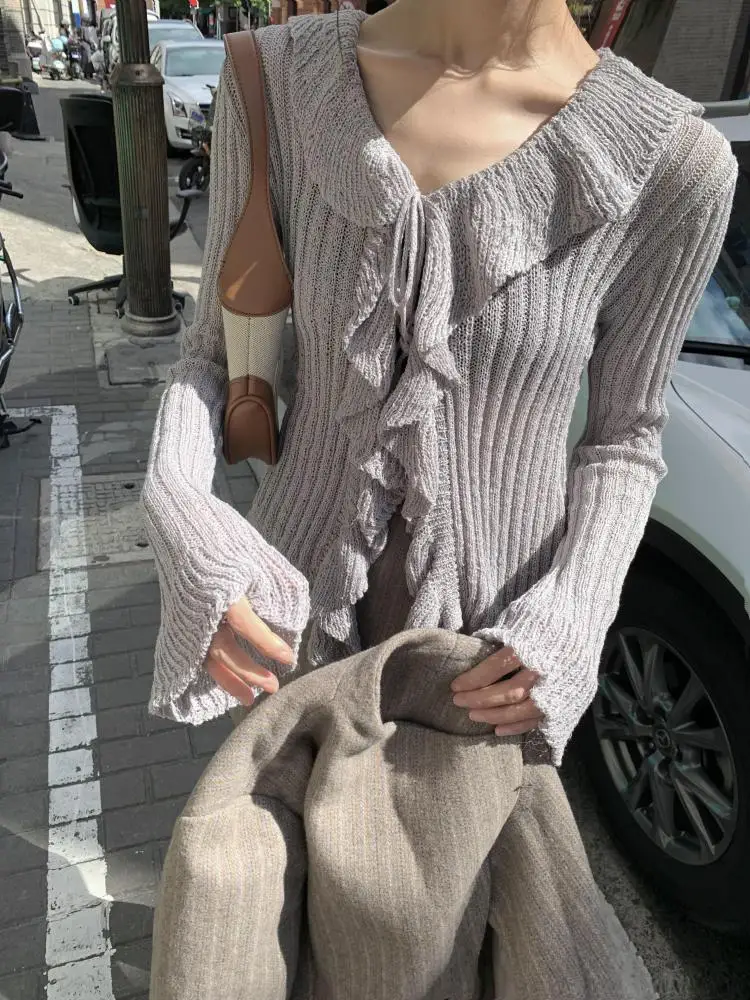 Yedinas Fairycore Style Lace Up Cardigan Women Autumn Korean Fashion Knitted Tops Sweater Butterfly Sleeve Soft Ladies Jumpers