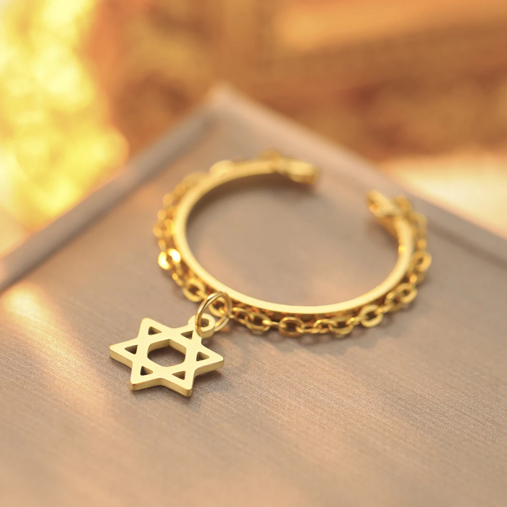 Dawapara Vintage Stern Kette Quaste Verstellbarer Ring Hexagramm Pentagramm Kreuz Charm Edelstahl Damen Schmuck – Detail 23
