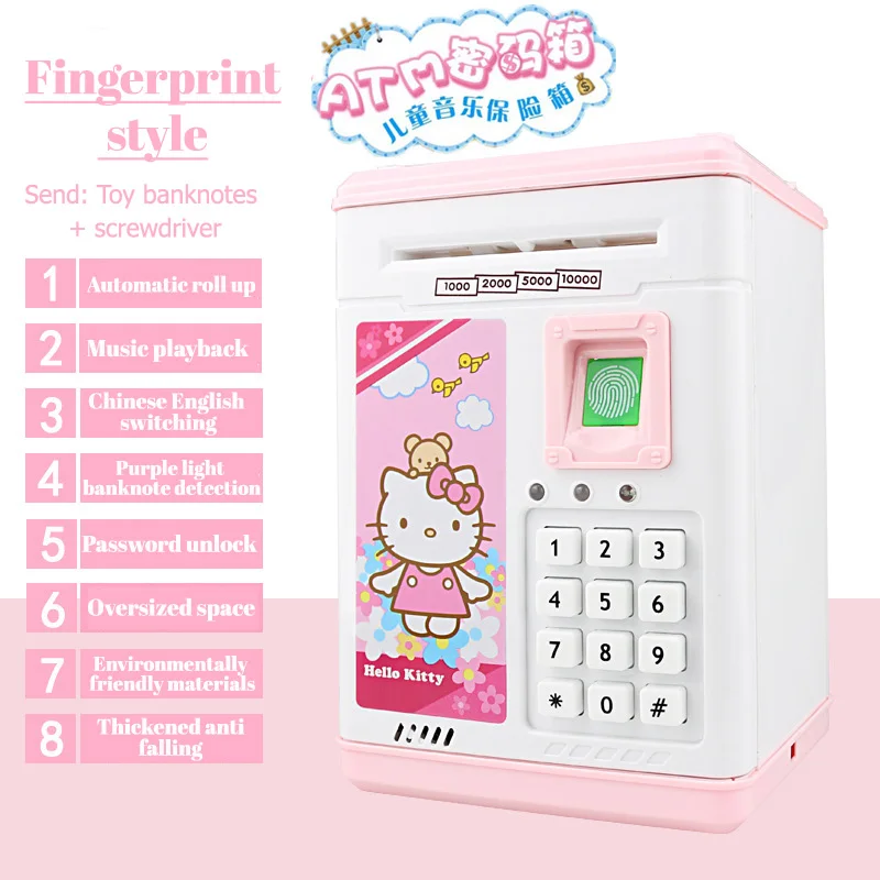 Sanrio Hello Kitty Kawaii Cartoon Fingerprint Piggy Bank Automatic Cash Roll Atm Safe Creative Gift Electric Girl Boy Toy Gift