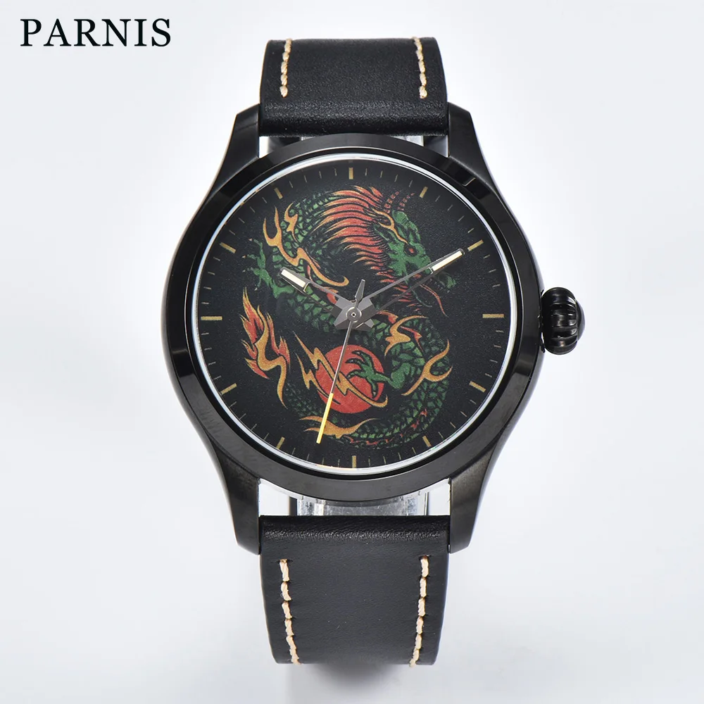 42mm Parnis Automatic Movement Men\'s Casual Wristwatch Sapphire Crystal Dragon Drawing Customizable Dial