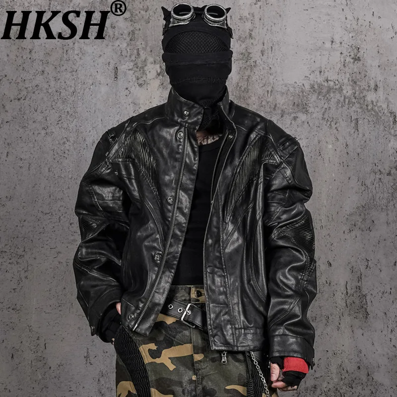 

HKSH весна осень новая мужская темная стильная Waste Land винтажная плиссированная кожаная куртка большого размера в стиле панк мотобайкерское пальто HK13713