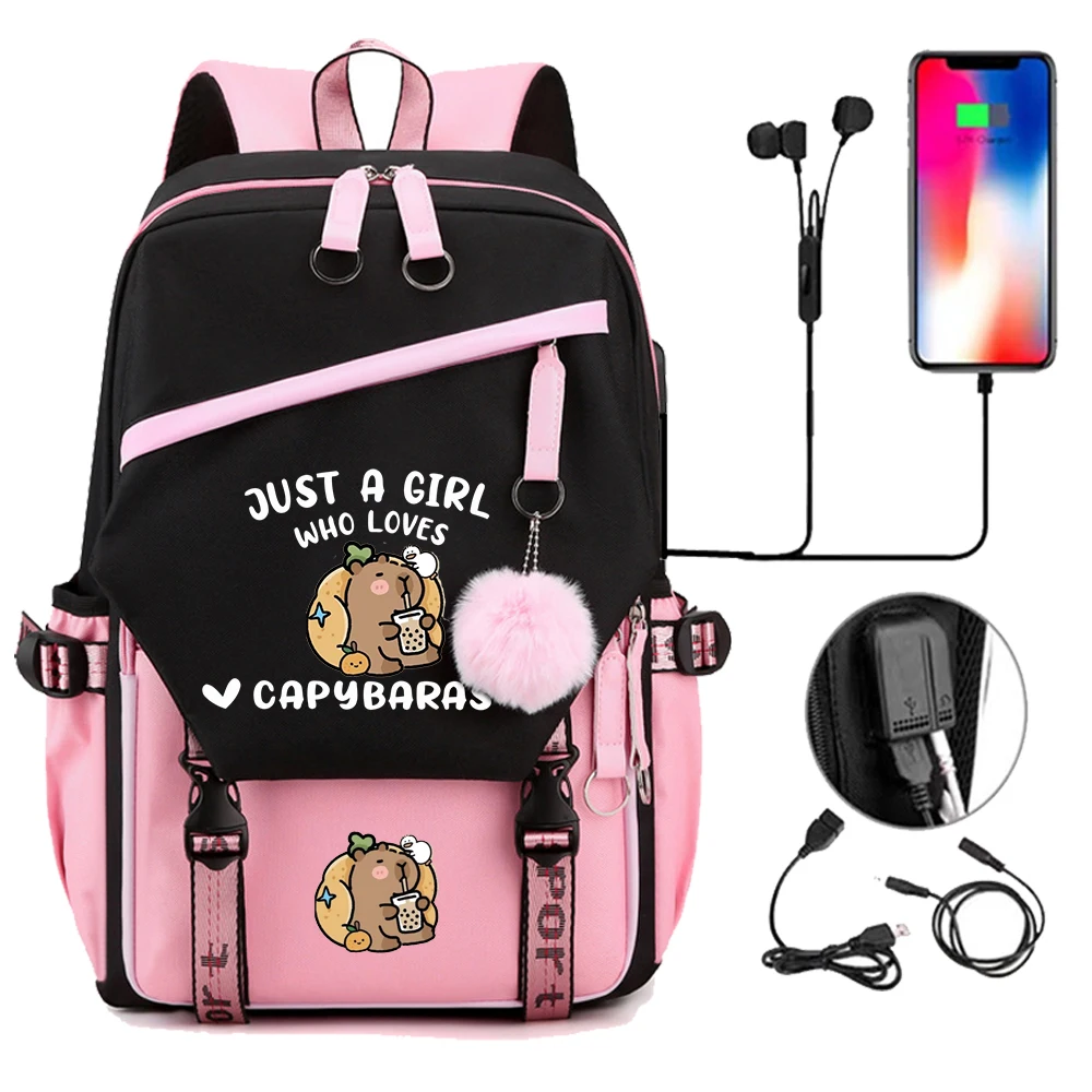 

Рюкзак для девочек-подростков Just A Girl Who Loves Capybara Drinking Bubble Tea Аниме Рюкзак Back To School Дорожная сумка Черная сумка для книг