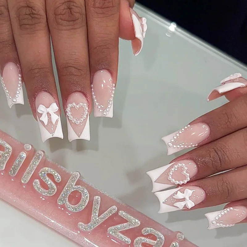 Nude rosa imprensa em unhas branco estilo francês cabeça quadrada unhas falsas encantos bowknot projetos moda capa completa dicas de unhas falsas