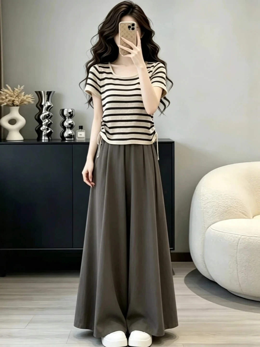 Color Block Striped U-Neck Drawstring Shoulder Length Short Sleeve T-Shirt Women's Slim Fit Summer Top Korean Style Commute