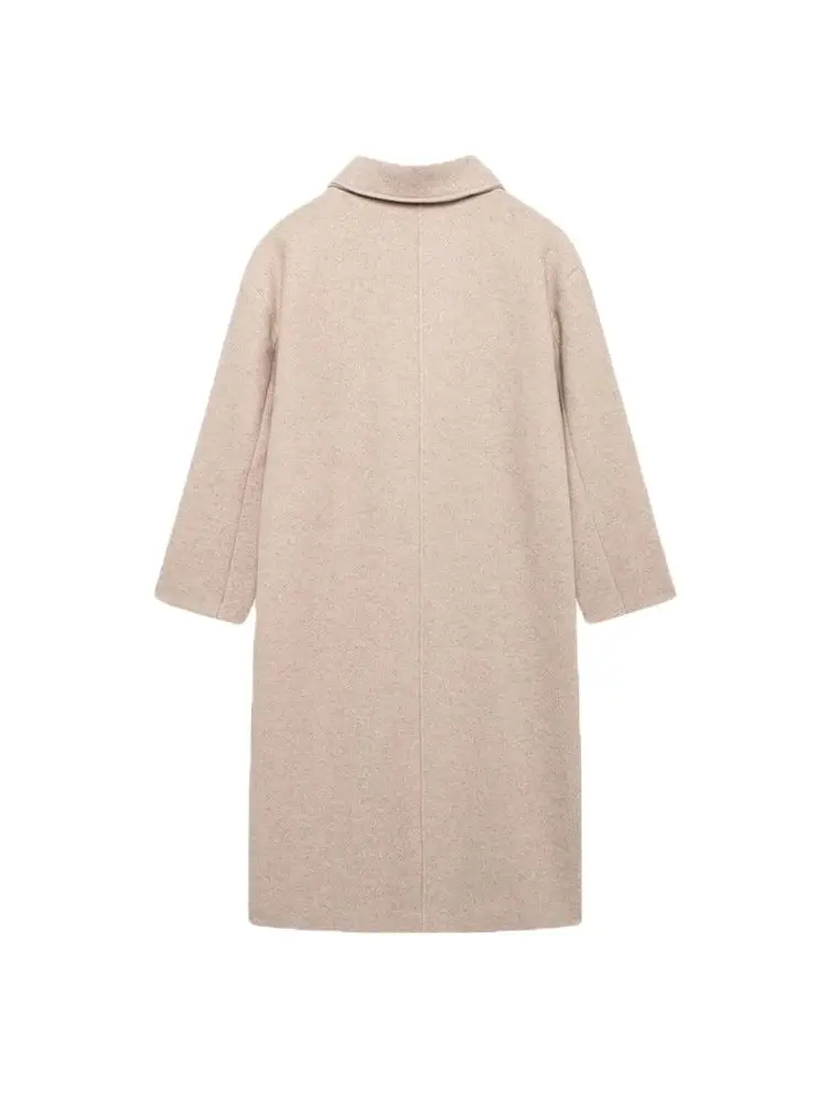Women\'s Double Breasted Loose Woolen Coat, Lapel Collar, Long Sleeve, Female Outerwear, Chic Overcoat, Fashion