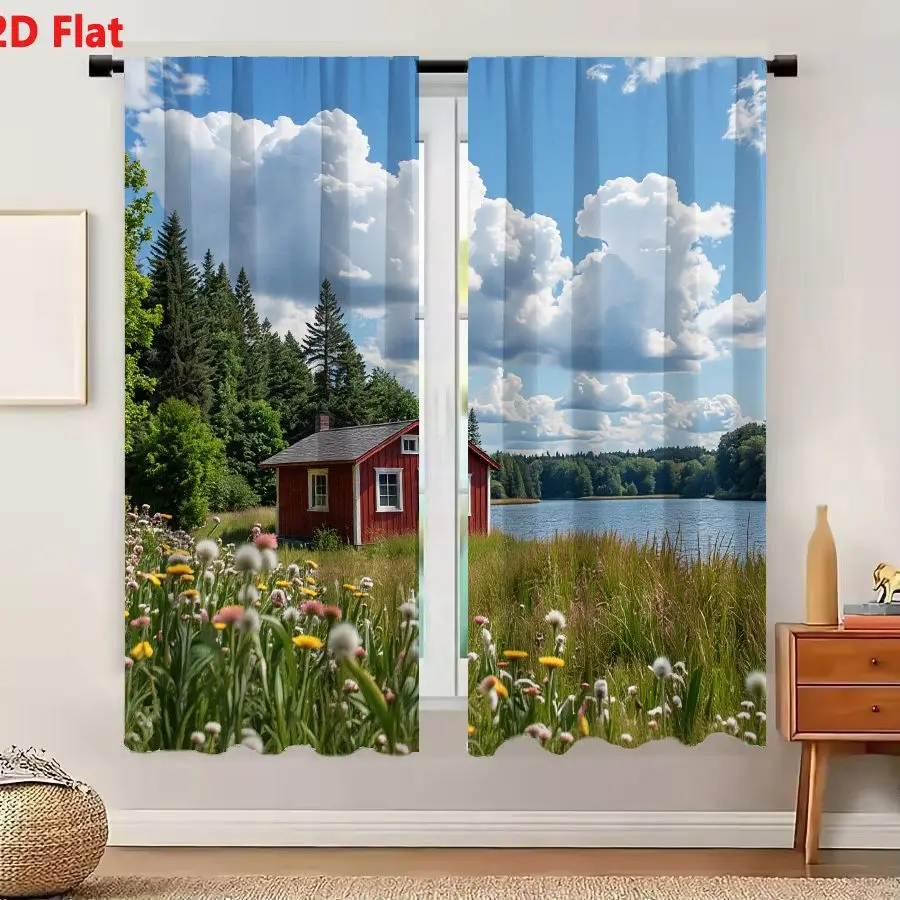 2Pcs Curtains 2D Flat A Serene Landscape Scene Featuring A Small Rustic Red Cabin With White Trim Situated On The Edge Of A Calm