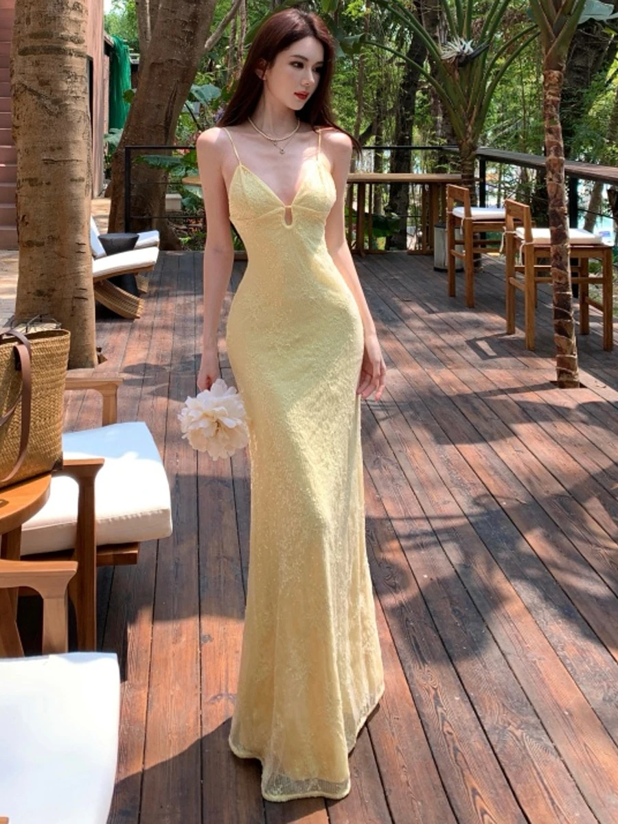 Thai Style Deep V Neck Tank Dress Slimming High Waist Yellow Lace Wrap Bodycon Skirt Floral Embroidery Spring Summer Autumn D...