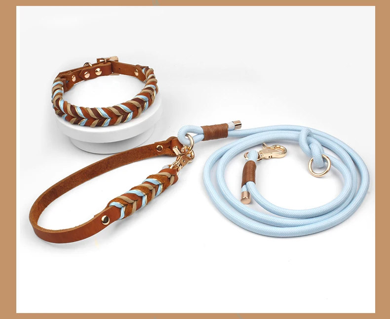 Echtes Lederhalsband für starke und langlebige Welpen, mittelgroße und große Hunde, modisches geflochtenes buntes Nylonseil-Hundehalsband, neu eingetroffen – Detail 9