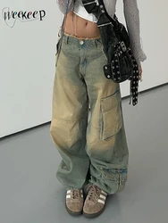 Weekeep-Jean Baggy avec Poches en Patchwork pour Femme, Streetwear Vintage, en Denim, FjGrunge, Y2K, Pantalon Cargo, Style Coréen, Harajuku