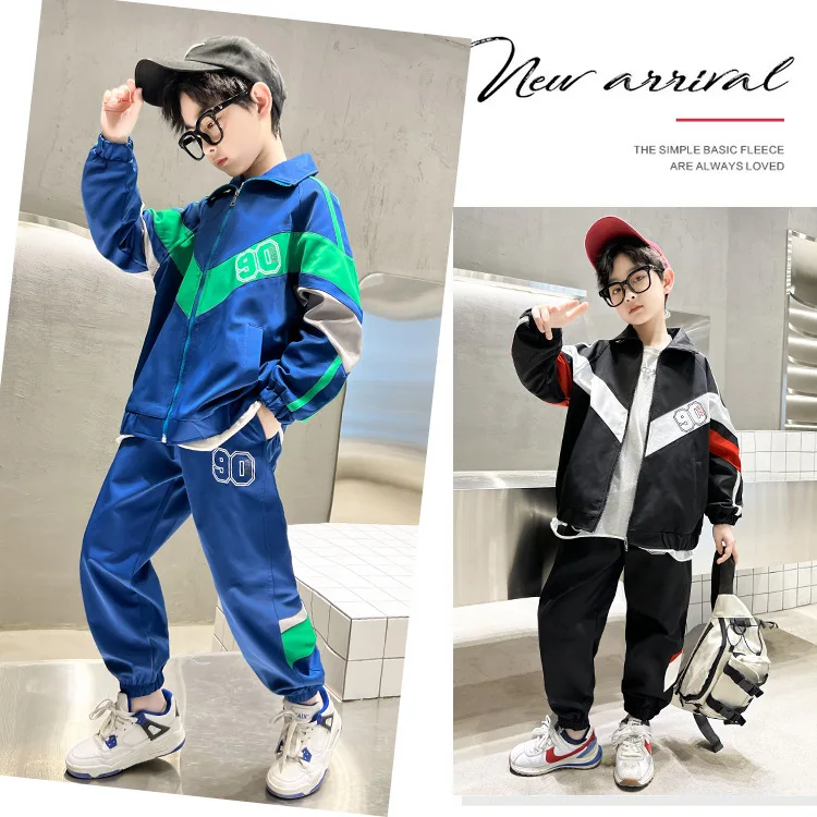 Autumn teenage boys clothes set zipper jacket+Casual pants 2pcs 4-15 kids sport suit Color block children outfit leisure wear