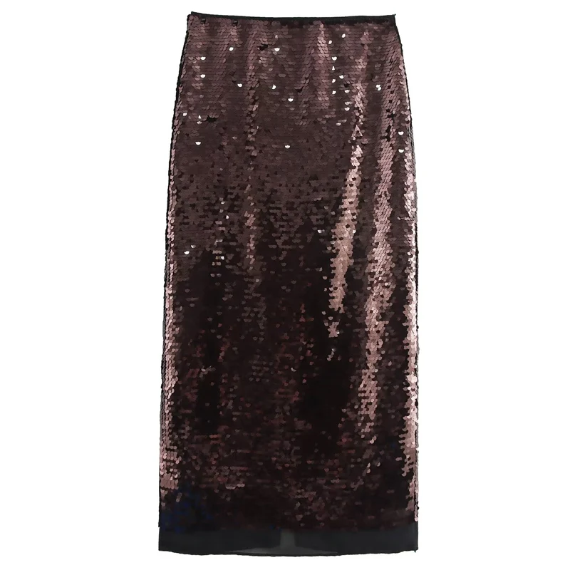 TRAF Midi Sequins Skirt Women's Skirt Brown Long High Waist Skirt Solid Line Dance Skirt Woman Aesthetic Vintage Elegant Skirts