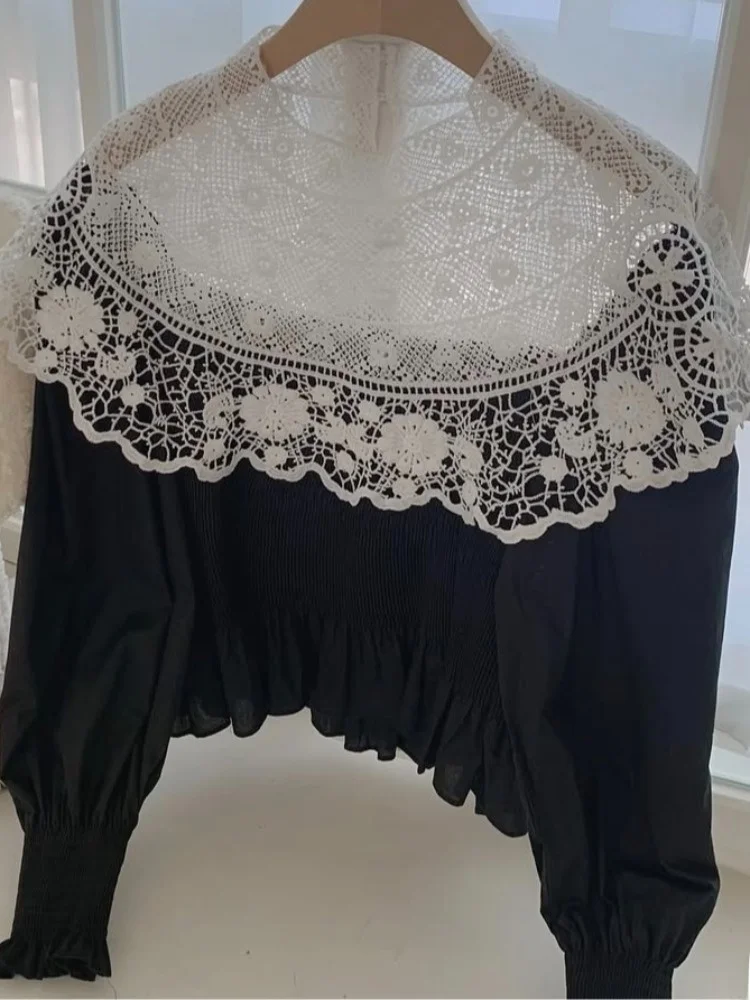 Ele Lace Trim Hollow out irt Feminino Emagrecimento Cintura Design Primavera Outono Faionable Commute Sle Long Sve Top