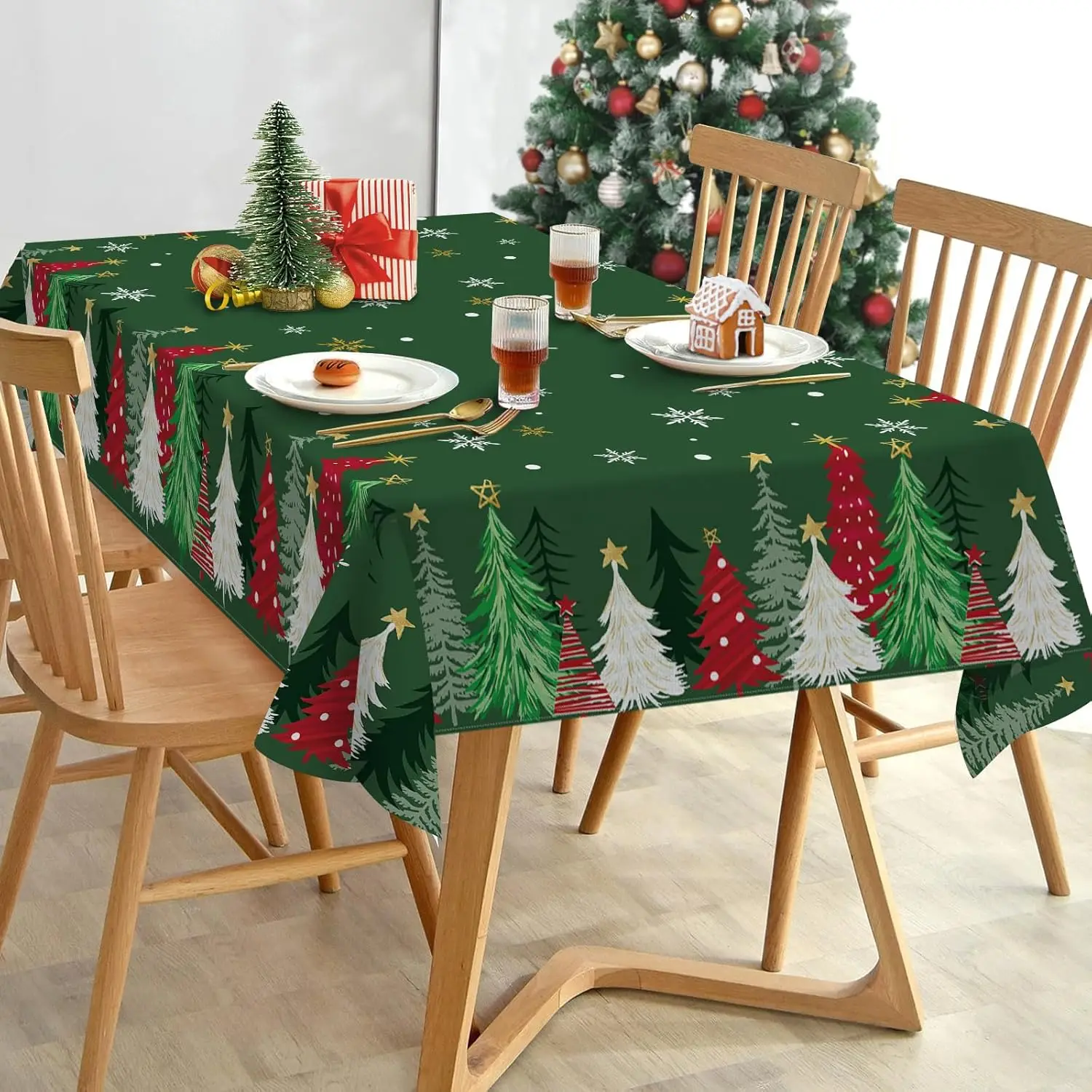 شجرة عيد الميلاد مفرش المائدة الأخضر لديكور الطاولة الشتاء عيد الميلاد أشجار الصنوبر الثلج مستطيل مفرش طاولة زينة عيد الميلاد #3
