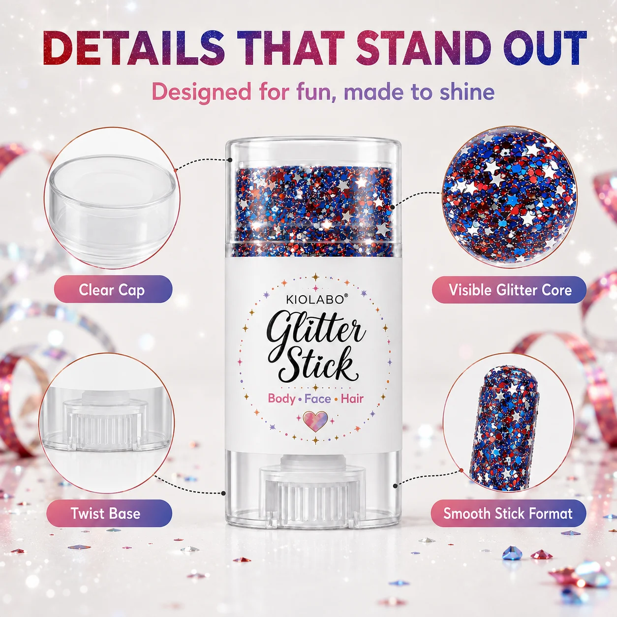 16g Stern-Pailletten-Glitzerstift, vielseitig einsetzbares funkelndes Gel-Make-up für Gesicht, Haare, Körper und Party – Detail 8