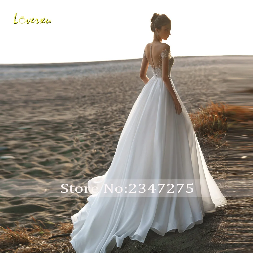 Loverxu A-line Shiny Wedding Dresses Sweetheart Short Sleeve Vestido De Novia Lace Beaded Sequined Custom Made Robe De Mariee