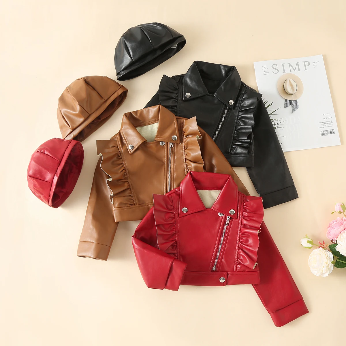 

Toddler Solid Color Lapel Leather & Hat Baby Girl Spring Autumn Winter PU Coat Fashion Leather Jackets For Kid 1-7Y
