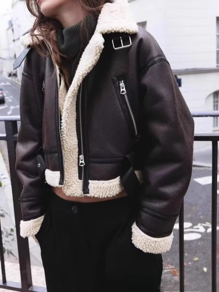 

Новая зимняя женская уличная одежда Ailegogo, короткая куртка из искусственной овечьей кожи с поясом, мотобайкерская толстая теплая дубленка, верхняя одежда