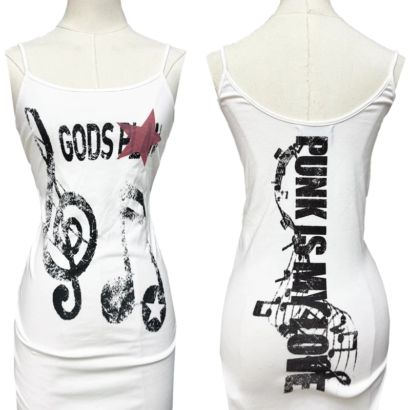 التصميم الأصلي الأبيض الموسيقى ملاحظة طباعة التخسيس المرأة فستان بكتافة 2025 صيف جديد رقيقة مثير بلا أكمام فساتين قصيرة السيدات