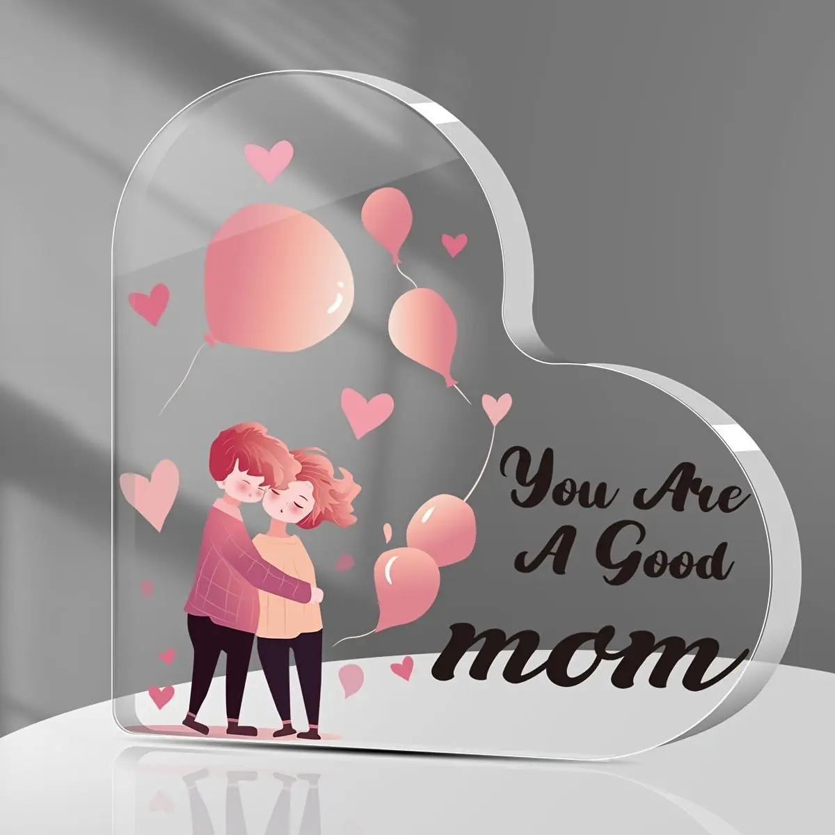 Freestanding Clear Heart Acrylic Ornament Cartoon Mom Child Hug Pink Balloon Desktop Present Mother's Day Birthday Gift For Mom