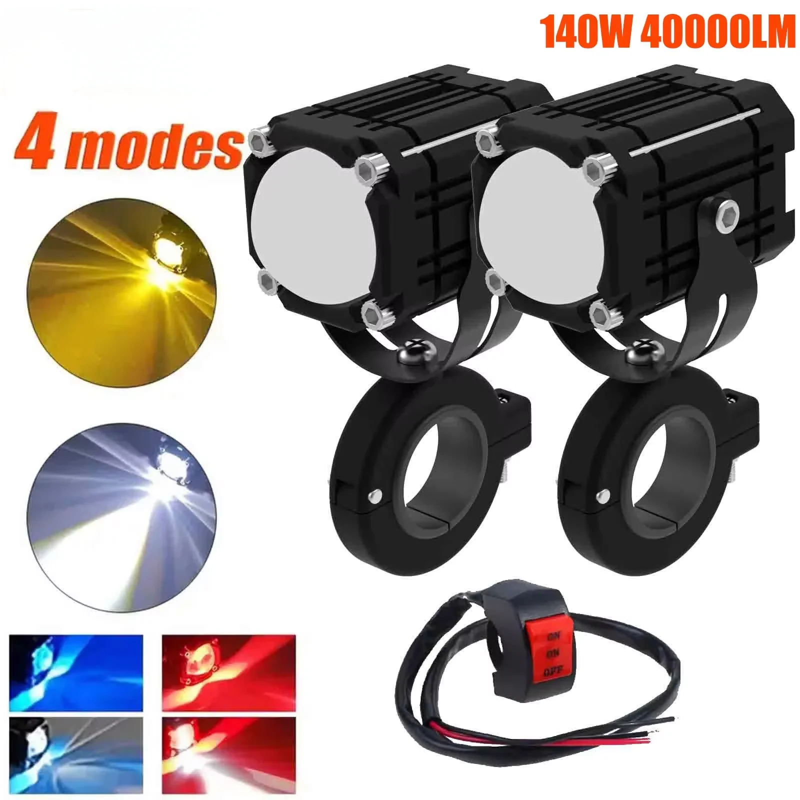 Motorcycle 140W 40000LM LED Headlights Four-Color+Burst Beam High Brightness Motorcycle LED Auxiliary Spotlight With Tube Clip