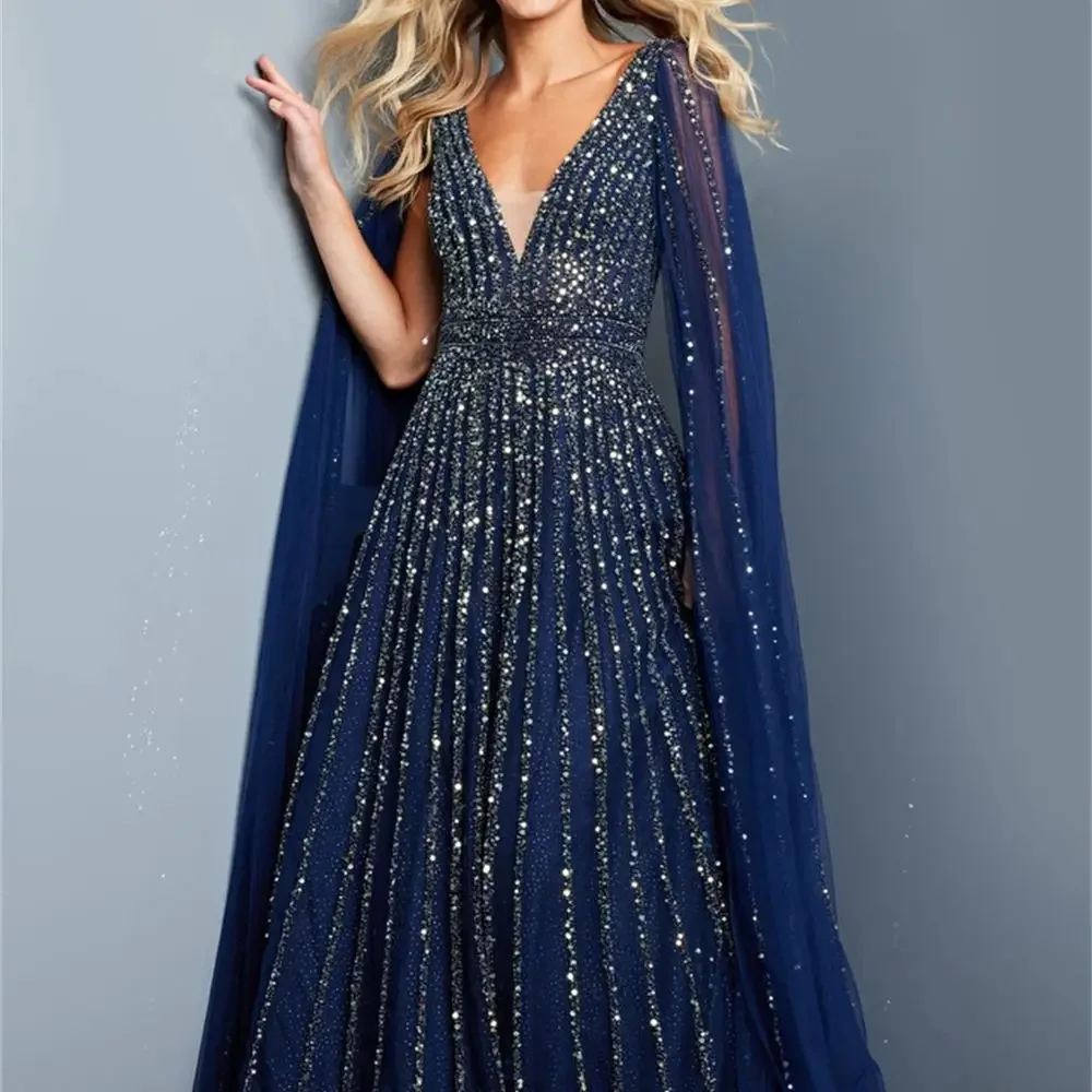 Navy Blue Shawl Long Sleeve Evening Gowns Luxury Beaded V Neck A Line Dresses Women's Wedding Party Dresses Formal Occasion Gown