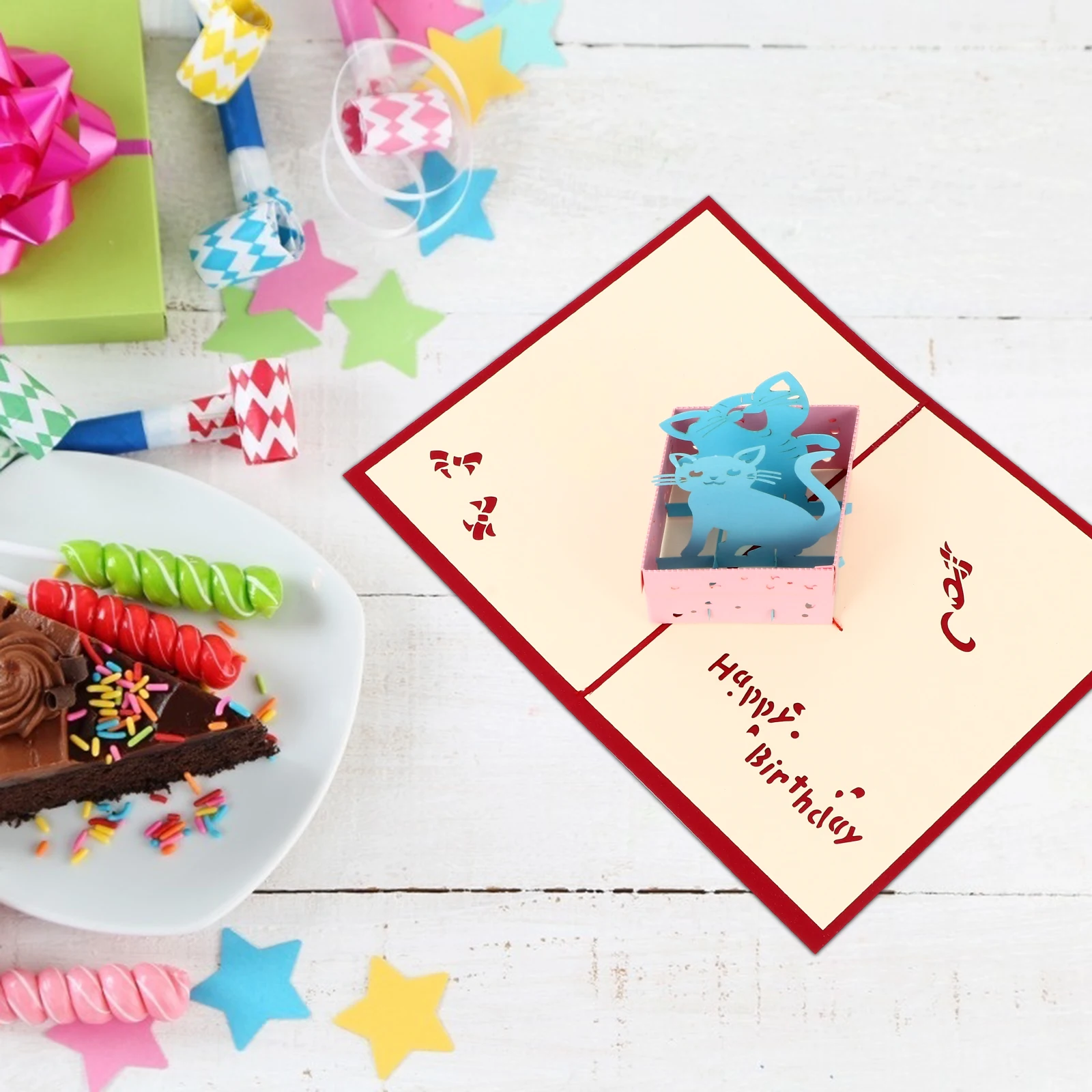 

3D Three-dimensional Greeting Card Cat Pop-up Cards Birthday for Blessing Cartoon