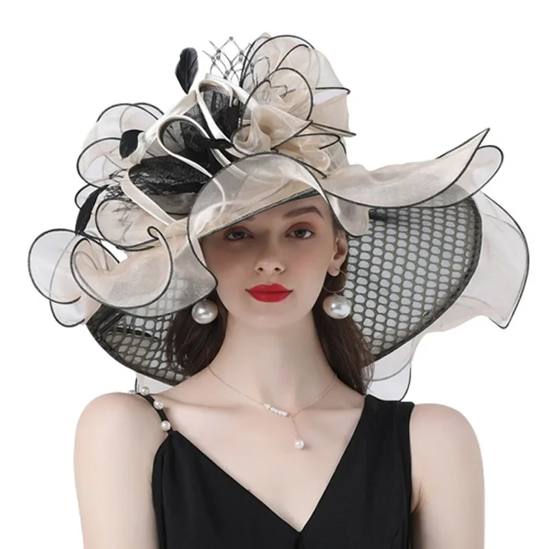 

Big Brim Fedora Hats for Women Organza White Sun Hats Flower Ladies Wedding Party Kentucky Derby Wide Church Fedoras