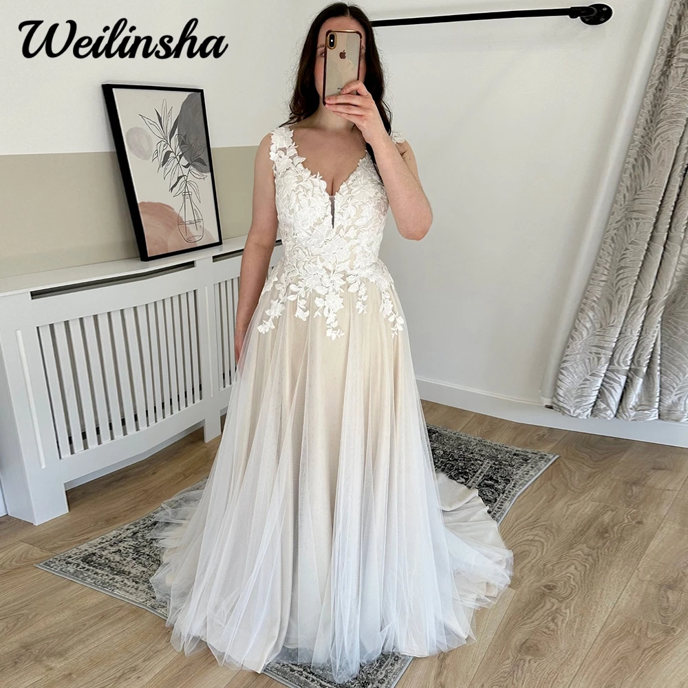 

Elegant Wedding Dress for Brides with Court Train Tulle Appiques V Neck Sleeveless Bridal Gown CIvil Vestido De Novia 2024