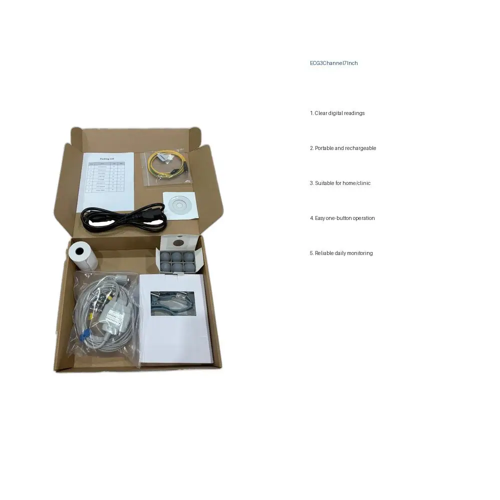 3 Channel ECG Machine with 7 Inch Touch Screen, Thermal Print, 100 Report Storage, USB RS232, Rechargeable