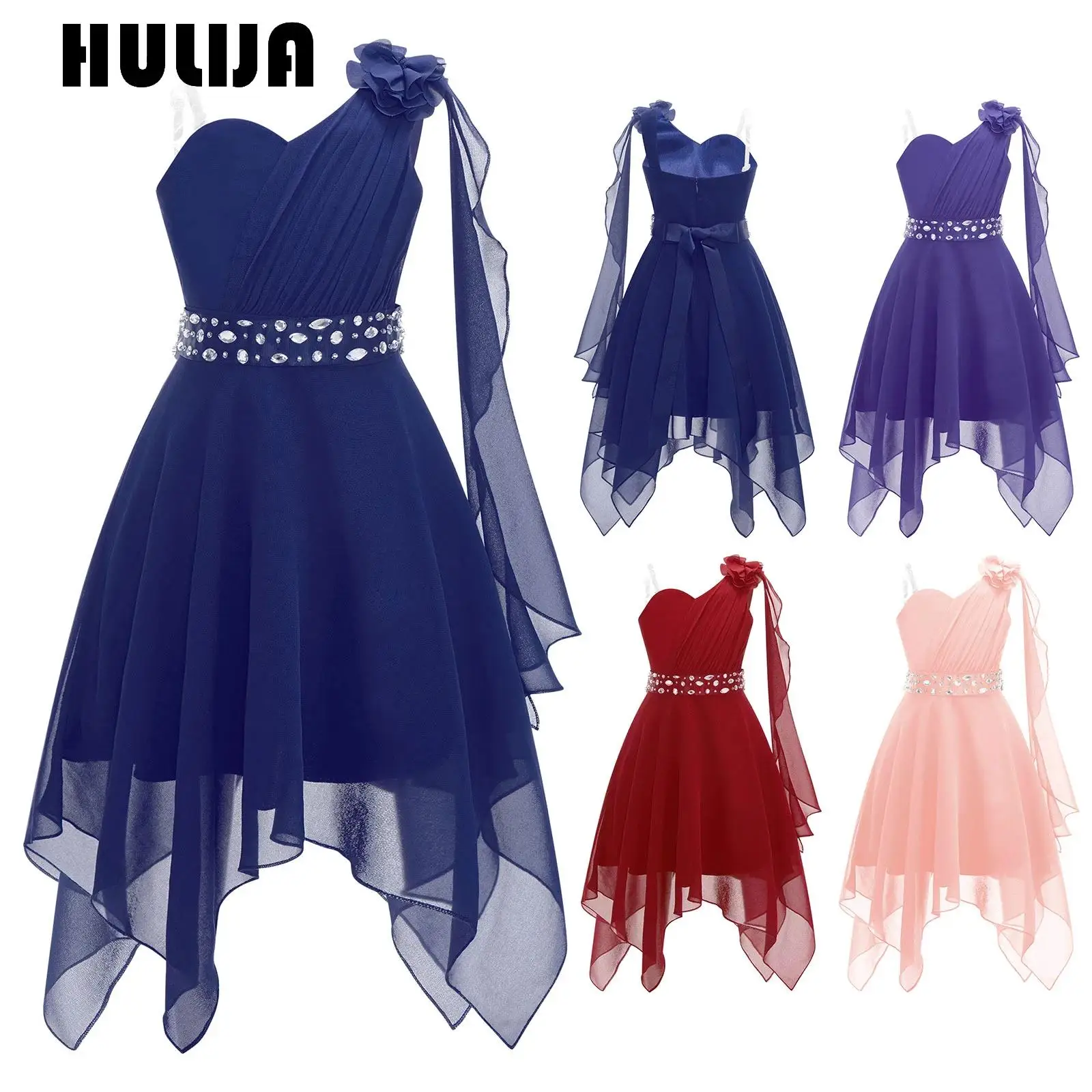 

Elegant Girls Dress One Shoulder Bridesmaid Wedding Princess Children's High-Low Birthday Ball Party Show Evening Gown