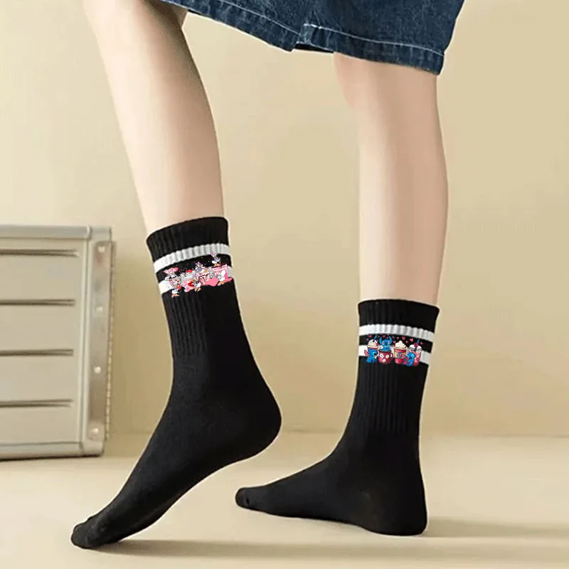 

Mickey Minnie Mouse Stitch cute Mid Length Socks Women's Classic Black White Sock Casual Sports Sweat Absorbing Breathable Socks
