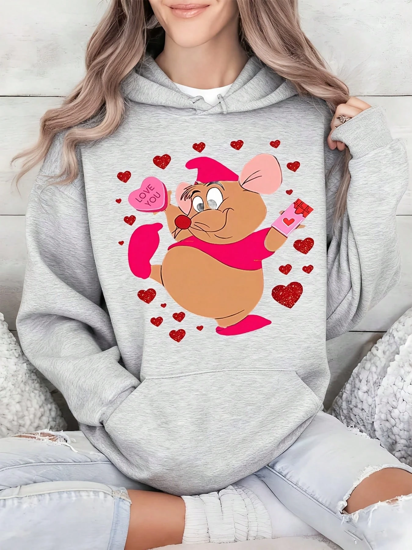 

Женская толстовка с капюшоном на День святого Валентина Disney, милая толстовка с рисунком розового сердца и мыши, унисекс, осенне-зимняя флисовая толстовка с капюшоном