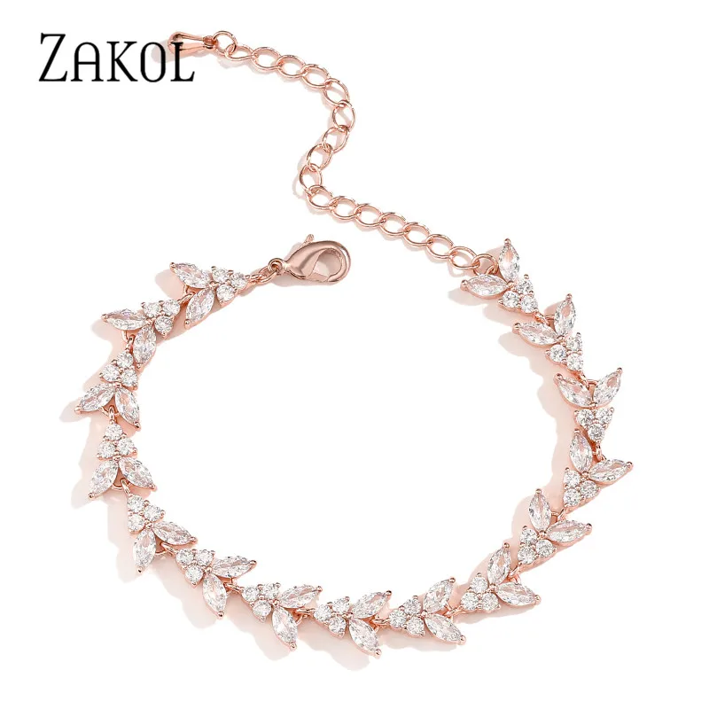 ZAKOL High Quality White Cubic Zirconia Chain Link Adjustable Bracelets for Women Fashion Leaf Shape Bridal Wedding Jewelry