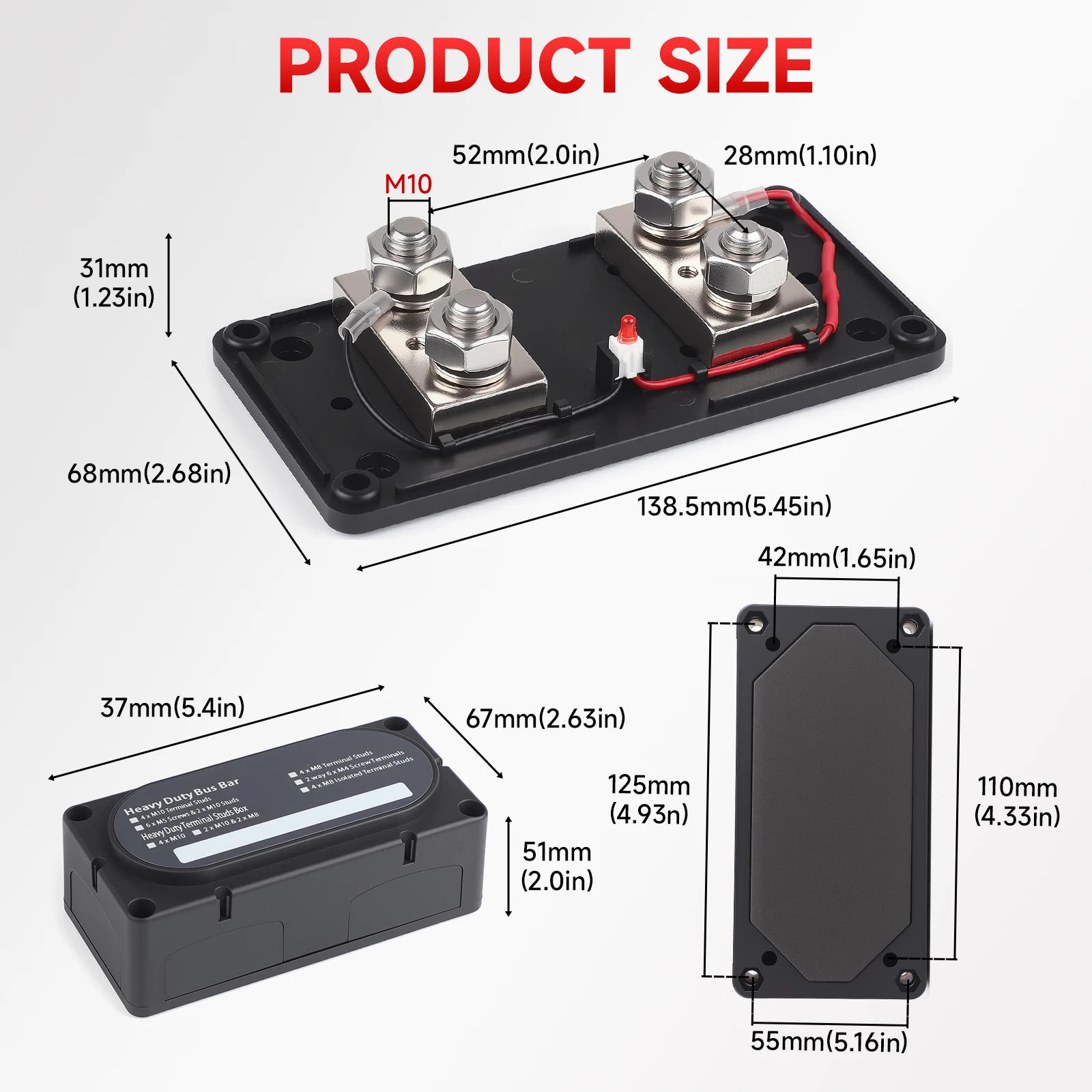 4 Terminal Stud Size M10 Car Power Distribution Block Bus Bar 12-48V DC 750A Positive Negative Electrode ANL Fuse Block Holder
