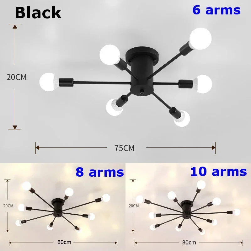 

Retro Iron Ceiling Lights Vintage Spider Chandelier Lighting Black/White 6/8/10 Sockets Lamp Fixture for Living Room