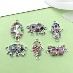 5/6pcs Alloy Flower, Butterfly, Elephant Connector Charms Bohemian Inlay Rhinestone Pendants for DIY Jewelry Making Accessories