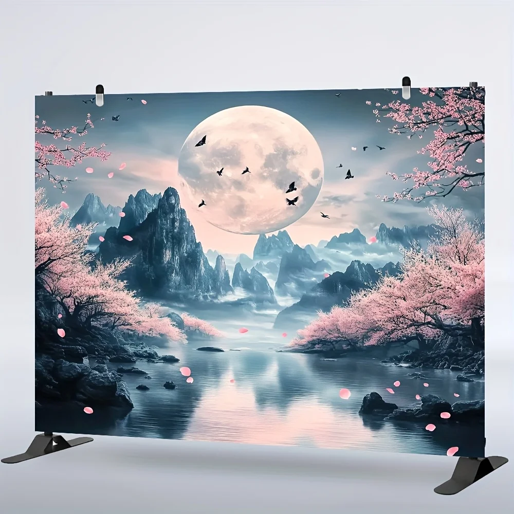 قطعة واحدة من نسيج جبل ساكورا والقمر للفصول الأربعة، قماش بوليستر، قابل للغسل في الغسالة، رائع لتزيين المكاتب المنزلية