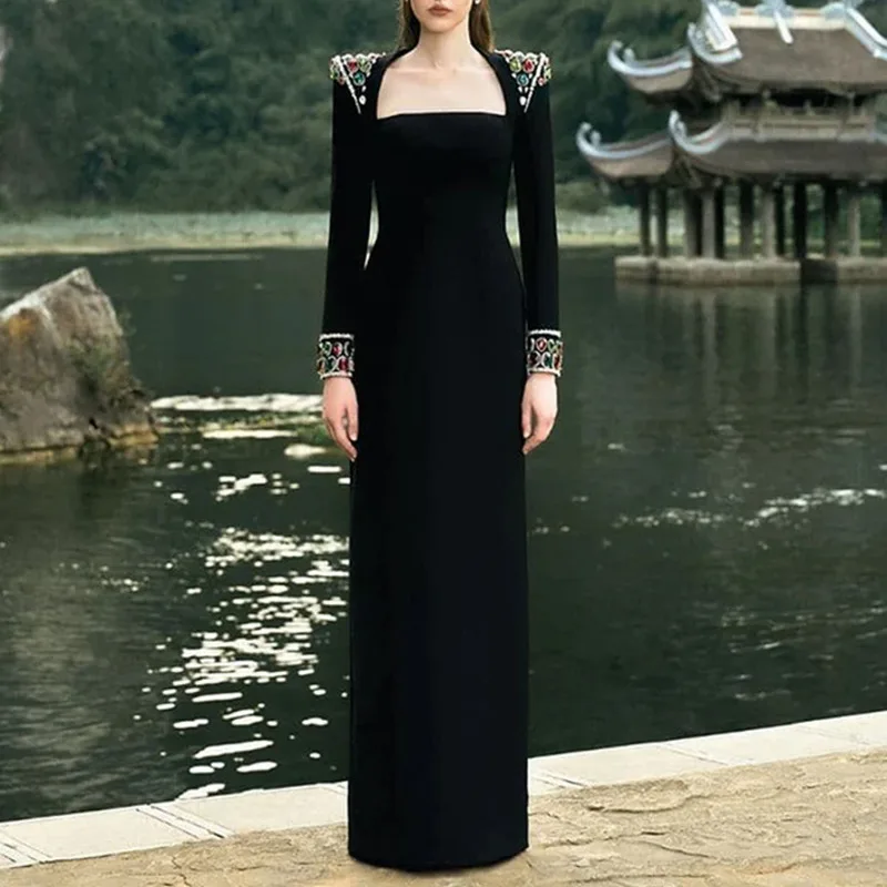 HKSH الخريف المرأة الأمريكية مزاجه أنيقة ألف خط فستان الثقيلة الحرفية الماس رصع فستان بكم طويل ثوب رسمي Ins HK8655