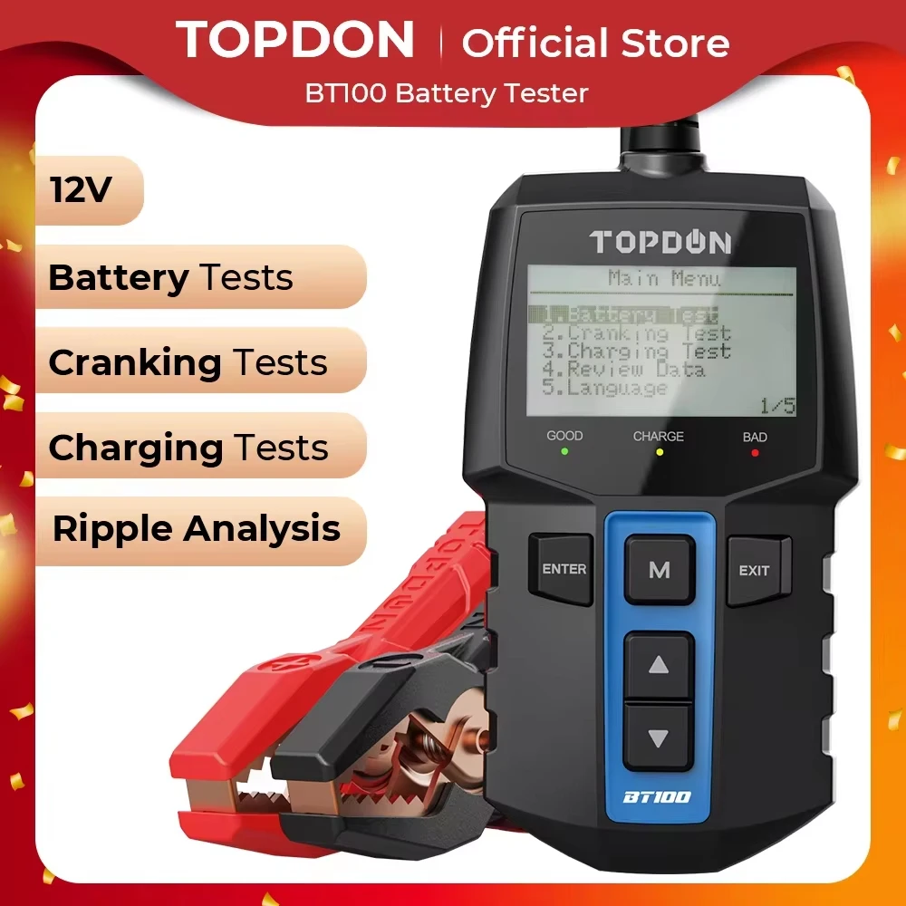 TOPDON BT100 12V Car Battery Tester & 100-2000 CCA Load Analyzer, Automotive Alternator & Cranking Charging System Diagnostic Tool for Cars, Trucks, Motorcycles, and Boats